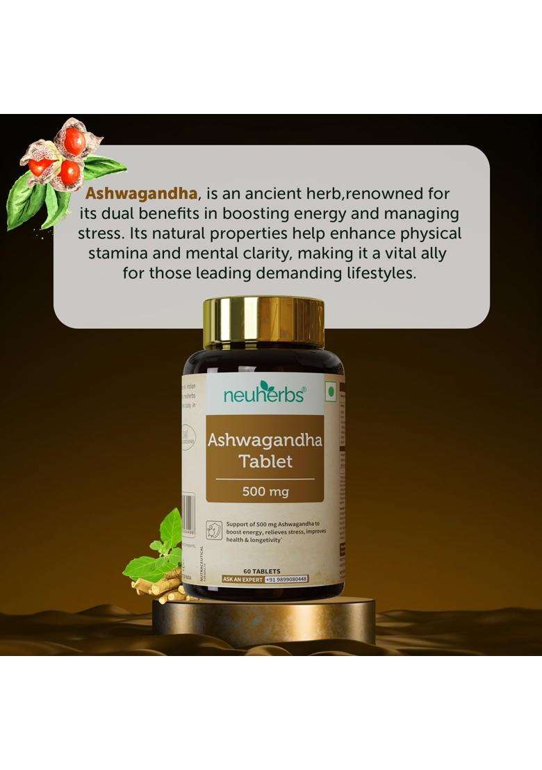Neuherbs Ashwagandha 500mg Tablets for Men & Women | Authentic Traditional Formula | 60 Count | Ayurvedic Herbal Formula for Daily Wellness - Indya
