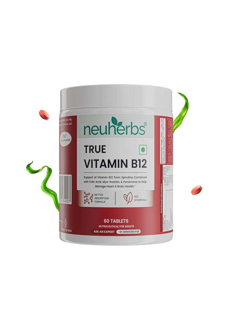 Neuherbs Plant-Based Vitamin B12 Tablets 60 Count | True VItamin B12 with Spirulina, Myo-Inositol & Punarnava - Indya
