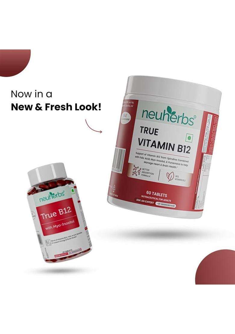Neuherbs Plant-Based Vitamin B12 Tablets 60 Count | True VItamin B12 with Spirulina, Myo-Inositol & Punarnava - Indya