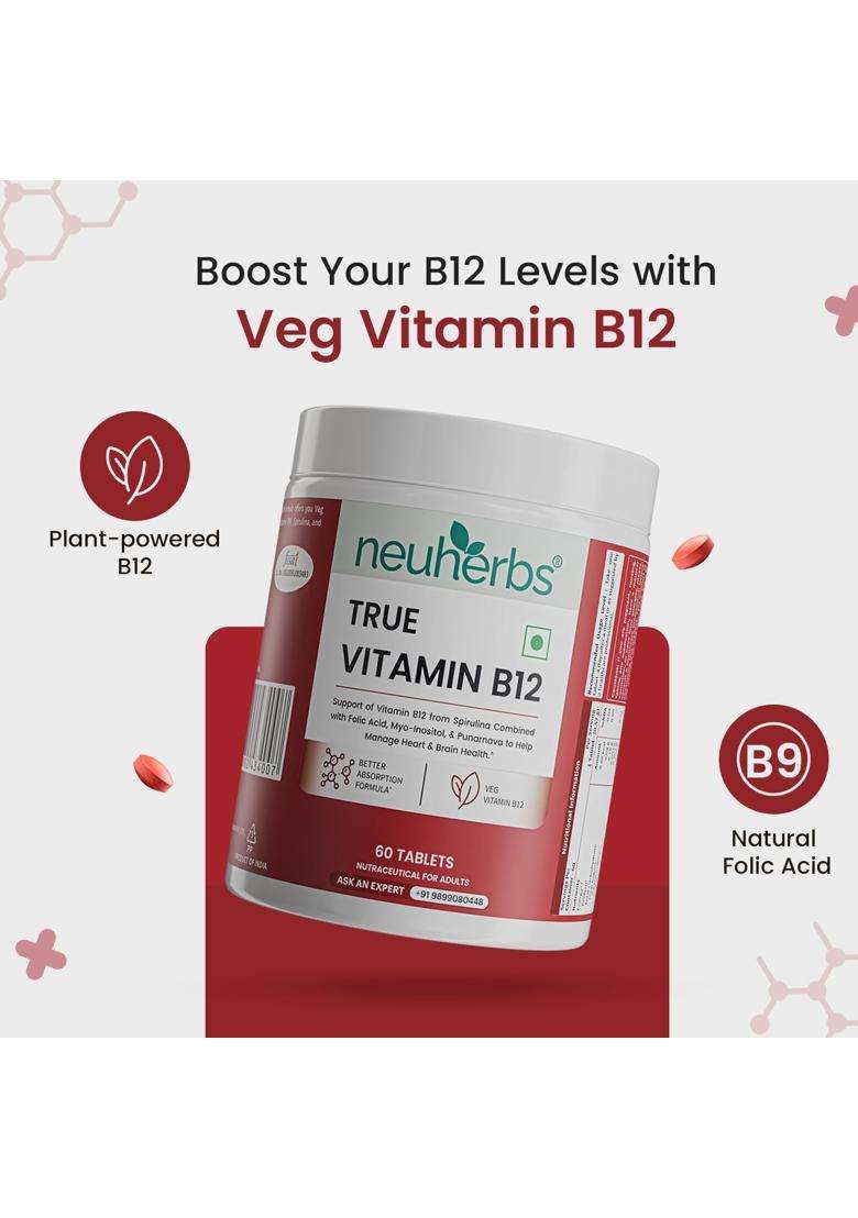 Neuherbs Plant-Based Vitamin B12 Tablets 60 Count | True VItamin B12 with Spirulina, Myo-Inositol & Punarnava - Indya