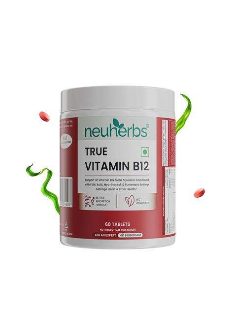 Neuherbs Plant-Based Vitamin B12 Tablets 60 Count | True VItamin B12 with Spirulina, Myo-Inositol & Punarnava