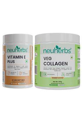 Neuherbs Veg Collagen Supplement Powder (Orange Flavour, 200g) & Vitamin E Plus (30 Capsules) | Combo Pack for Men & Women