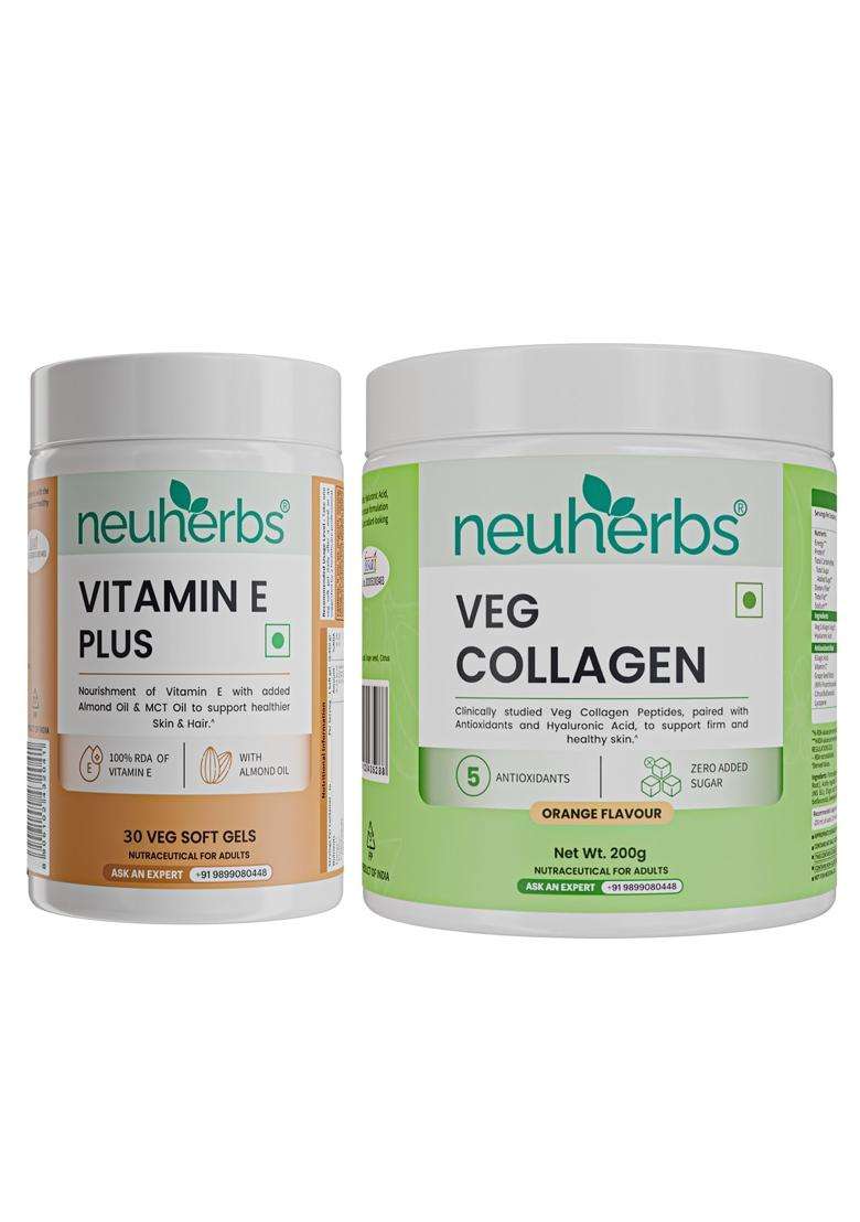 Neuherbs Veg Collagen Supplement Powder (Orange Flavour, 200g) & Vitamin E Plus (30 Capsules) | Combo Pack for Men & Women - Indya
