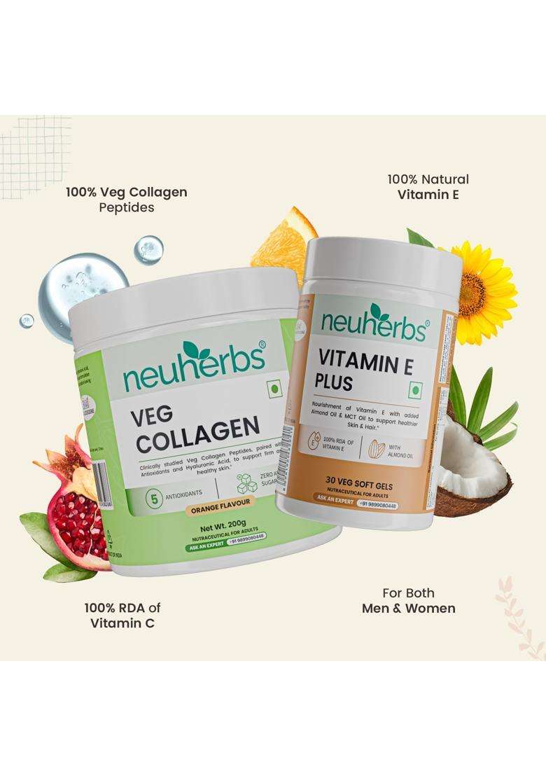 Neuherbs Veg Collagen Supplement Powder (Orange Flavour, 200g) & Vitamin E Plus (30 Capsules) | Combo Pack for Men & Women - Indya