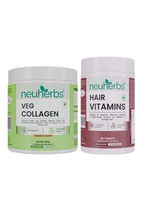 Neuherbs Collagen Supplement Powder- 200g and Hair Vitamin Supplement with Biotin (60 Capsules)