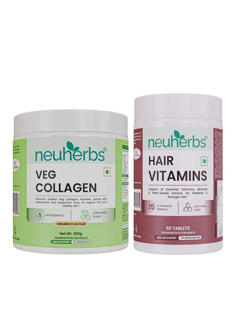 Neuherbs Collagen Supplement Powder- 200g and Hair Vitamin Supplement with Biotin (60 Capsules) - Indya