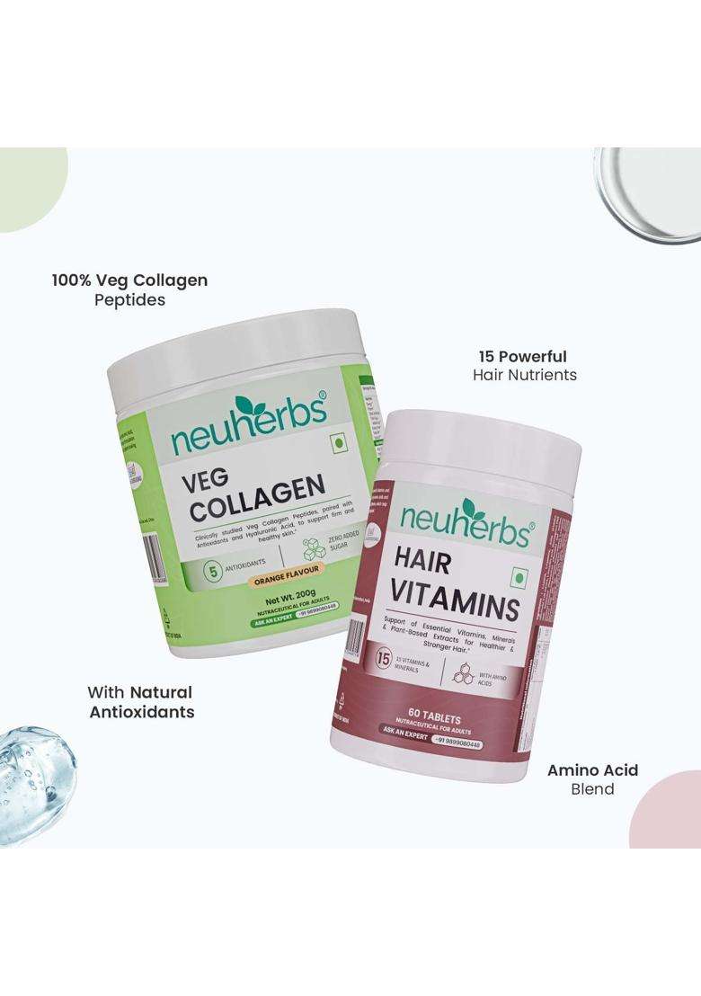 Neuherbs Collagen Supplement Powder- 200g and Hair Vitamin Supplement with Biotin (60 Capsules) - Indya