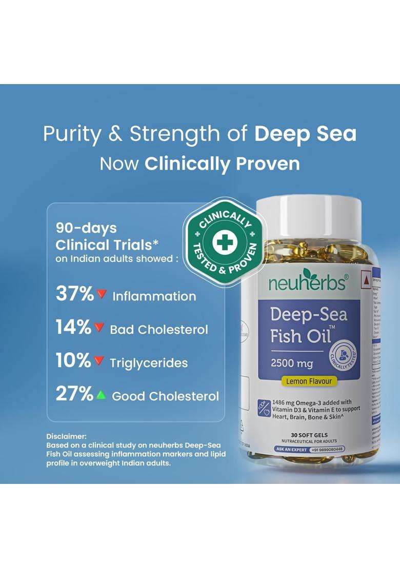 Neuherbs Deep Sea Omega 3 Fish Oil 30 Softgels Omega 3 Supplement Triple Strength 2500 Mg for Muscle Joints Heart & Cognitive Support No Fishy Burps - Indya