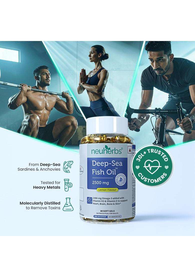 Neuherbs Deep Sea Omega 3 Fish Oil 30 Softgels Omega 3 Supplement Triple Strength 2500 Mg for Muscle Joints Heart & Cognitive Support No Fishy Burps - Indya