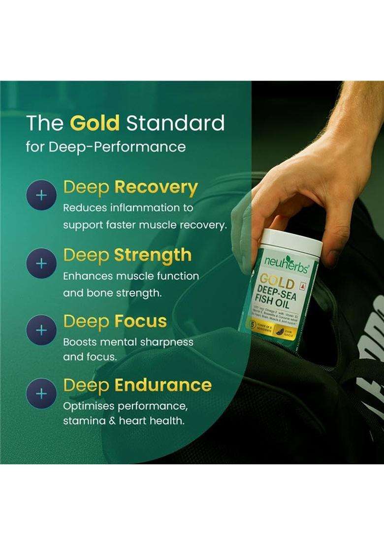 Neuherbs Gold Deep Sea 6X Omega 3 Fish Oil Capsules 2400mg Fish Oil With EPA (Pack of 2) | 60 Softgels | 1080mg & DHA | 720mg | Lemon Flavour - Indya