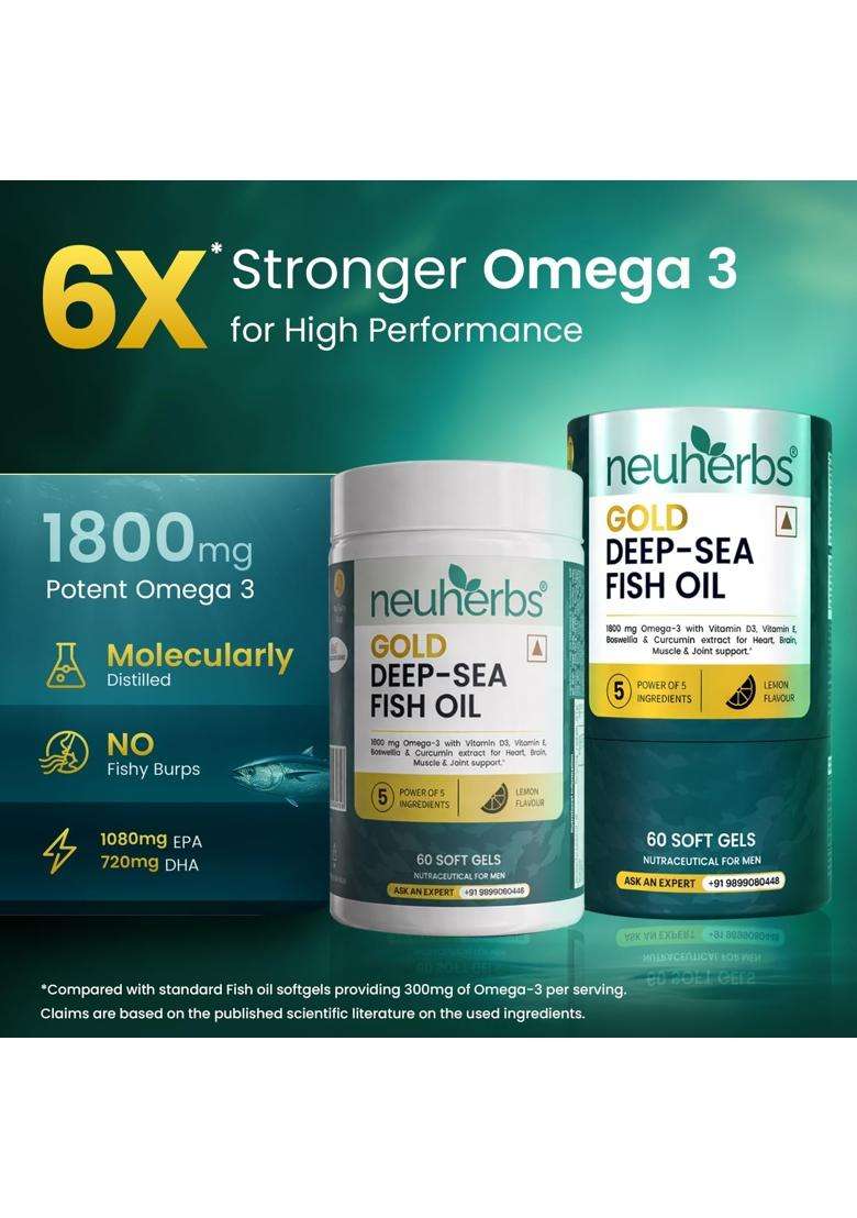 Neuherbs Gold Deep Sea 6X Omega 3 Fish Oil Capsules 2400mg Fish Oil With EPA (Pack of 2) | 60 Softgels | 1080mg & DHA | 720mg | Lemon Flavour - Indya