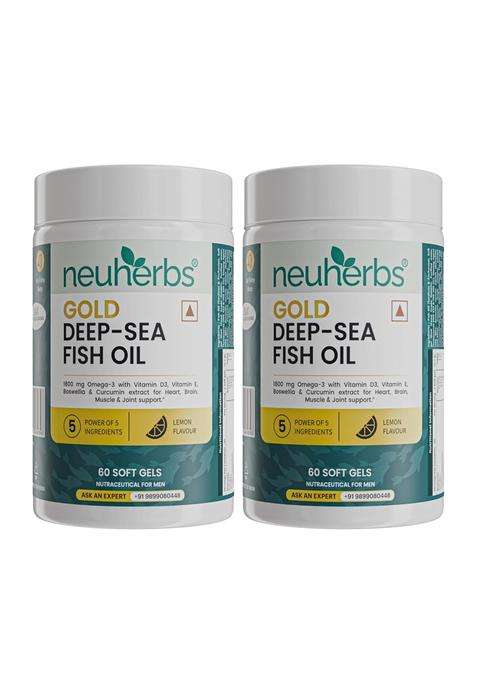 Neuherbs Gold Deep Sea 6X Omega 3 Fish Oil Capsules 2400mg Fish Oil With EPA (Pack of 2) | 60 Softgels | 1080mg & DHA | 720mg | Lemon Flavour