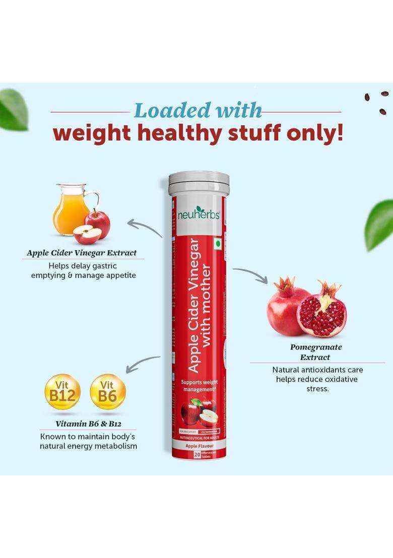 Neuherbs Apple Cider Vinegar with Mother Effervescent Tablet 20 Tablets, Apple Flavour | Weight Loss Supplement with Vitamin B6 & B12 - Indya