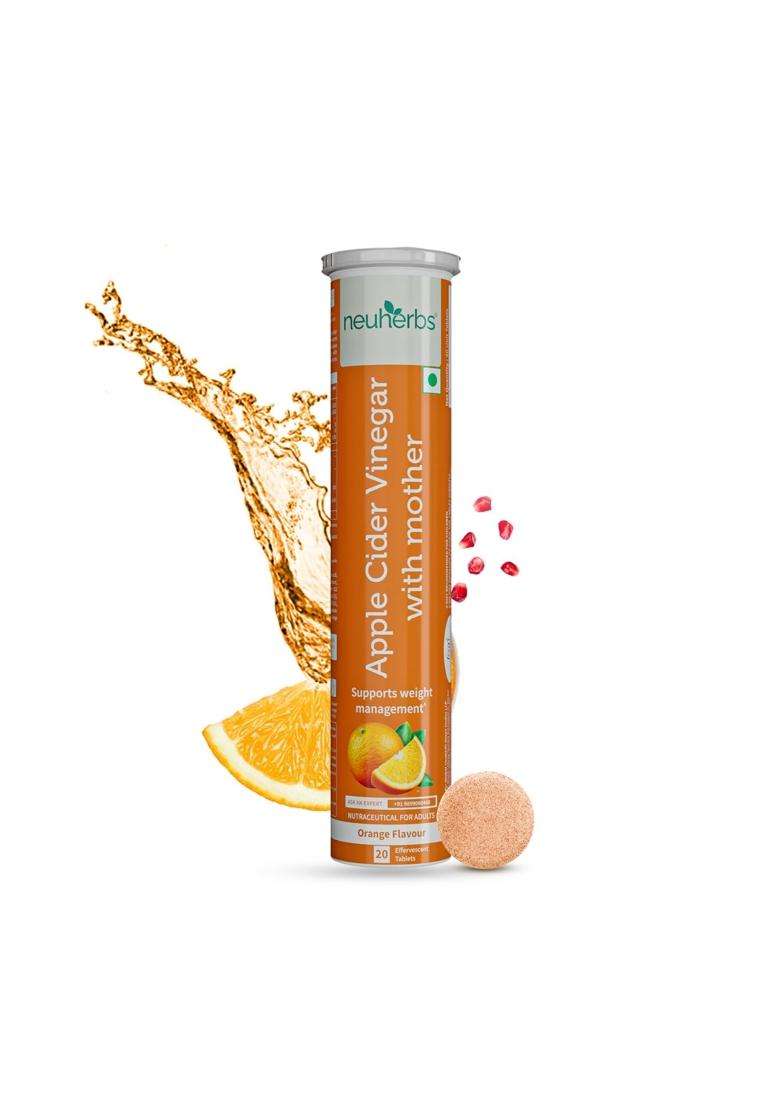 Neuherbs Plant Based Apple Cider Vinegar With Mother 20 Effervescent Tablets (Orange Flavour) For Weight Management | Zero Added Sugar | Gluten Free - Indya