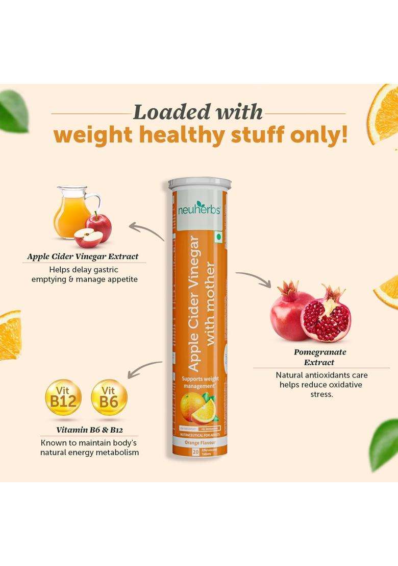 Neuherbs Plant Based Apple Cider Vinegar With Mother 20 Effervescent Tablets (Orange Flavour) For Weight Management | Zero Added Sugar | Gluten Free - Indya