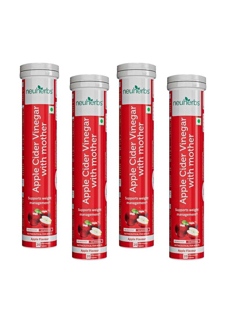 Neuherbs Apple Cider Vinegar with Mother Effervescent Tablet 20 Tablets (Pack of 4) | With Vitamin B6 & B12 | Zero Added Sugar - Indya