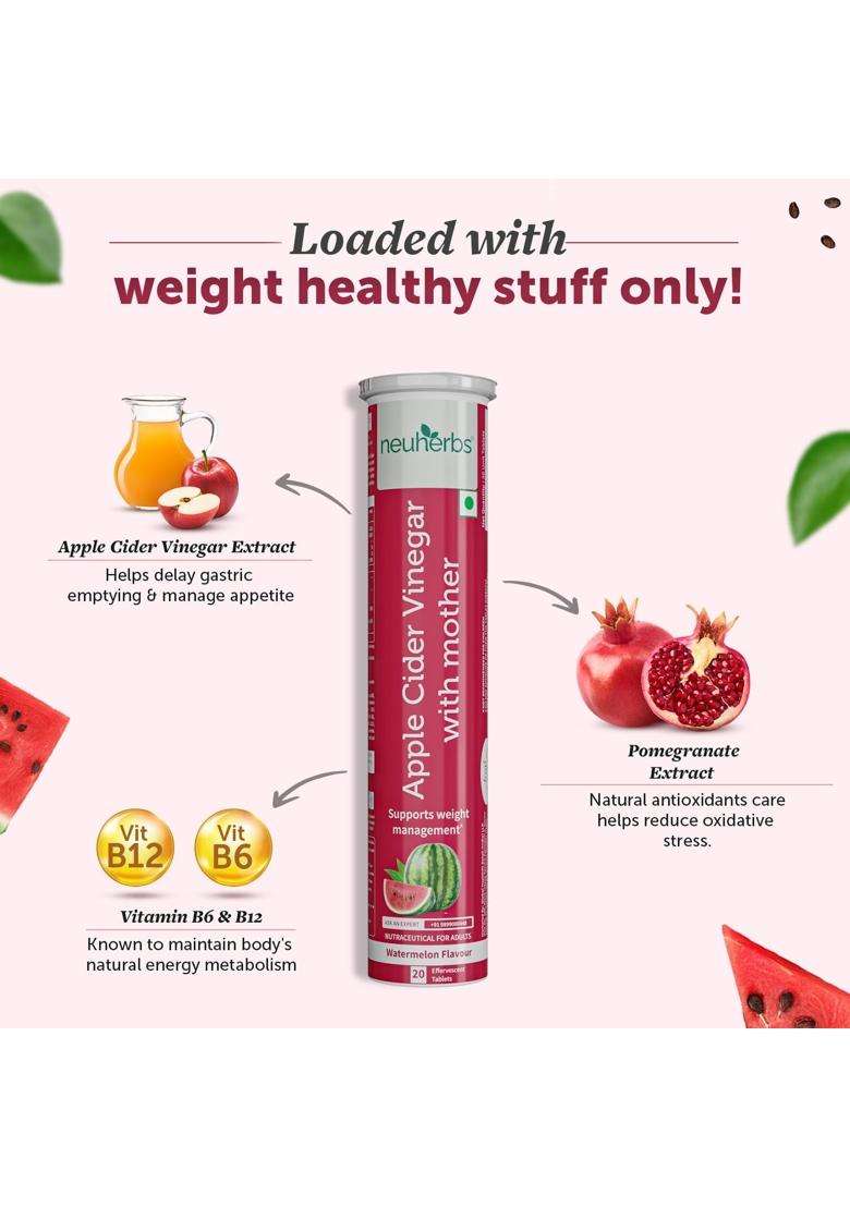 Neuherbs Apple Cider Vinegar with Mother Effervescent Tablet 20 Tablets | Weight Loss Supplement with Vitamin B6 & B12 | Zero Added Sugar - Indya