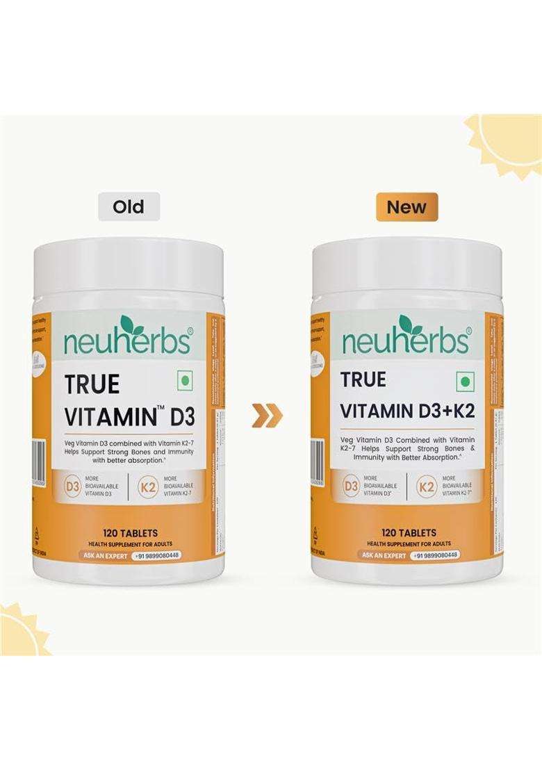 Neuherbs Vitamin D3 (600 IU) Tablets with K2 MK7 120 Tablets | True Vitamin D3 to Supports Bone Strength, Immunity & Heart Health - Indya