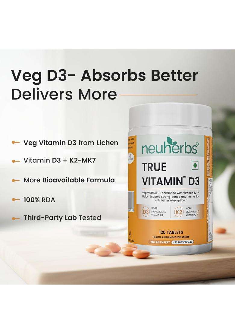 Neuherbs Vitamin D3 (600 IU) Tablets with K2 MK7 120 Tablets | True Vitamin D3 to Supports Bone Strength, Immunity & Heart Health - Indya