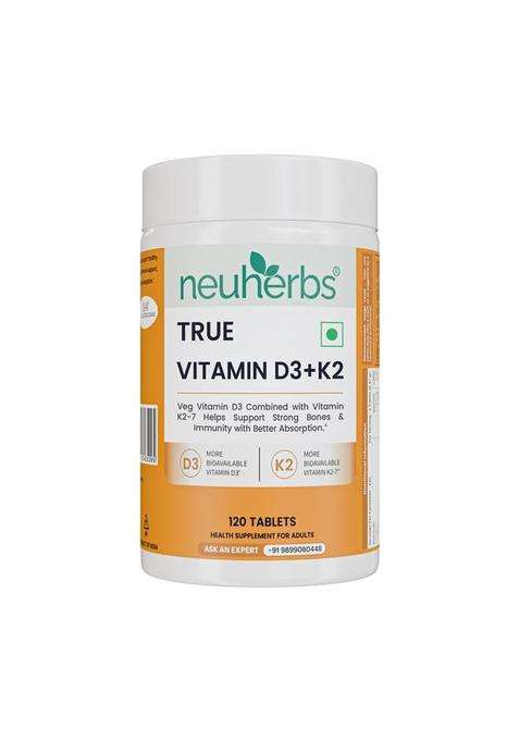 Neuherbs Vitamin D3 (600 IU) Tablets with K2 MK7 120 Tablets | True Vitamin D3 to Supports Bone Strength, Immunity & Heart Health