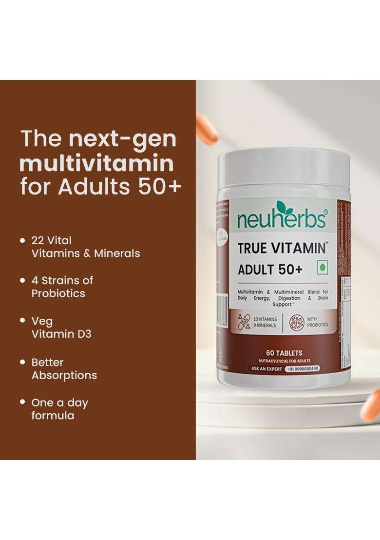 Neuherbs Multivitamin Tablets for Adults 50+ 60 Count | True Vitamin Adult Multivitamin with Vitamin C, B12, D, Iron, Zinc & Magnesium - Indya