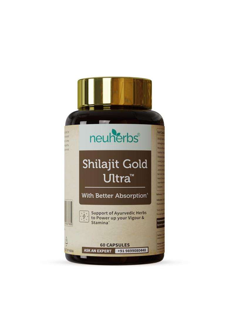 Neuherbs Shilajit Gold Ultra Capsules (60 Count) for Men | Authentic Ayurvedic Formula | Shilajit with Ashwagandha, Gokshura, Swarna Bhasma & Kesar - Indya