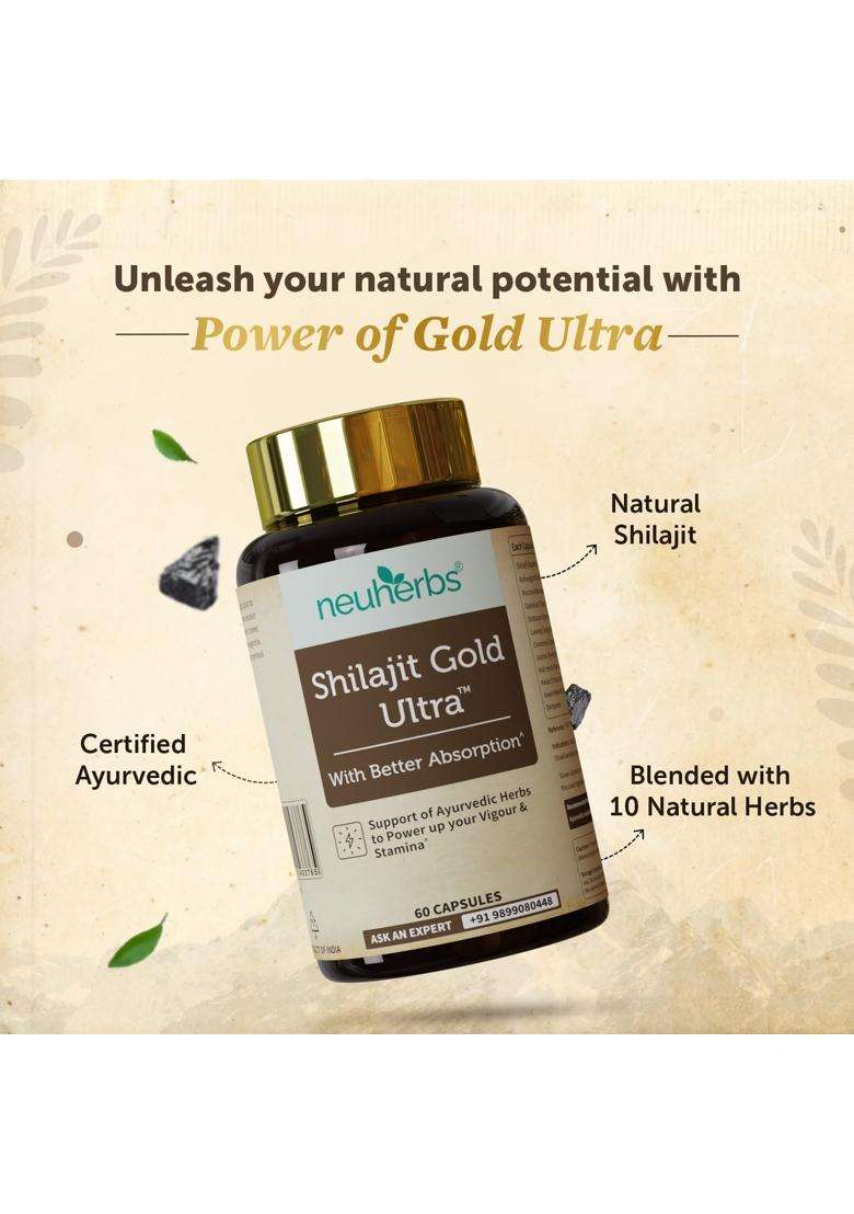 Neuherbs Shilajit Gold Ultra Capsules (60 Count) for Men | Authentic Ayurvedic Formula | Shilajit with Ashwagandha, Gokshura, Swarna Bhasma & Kesar - Indya