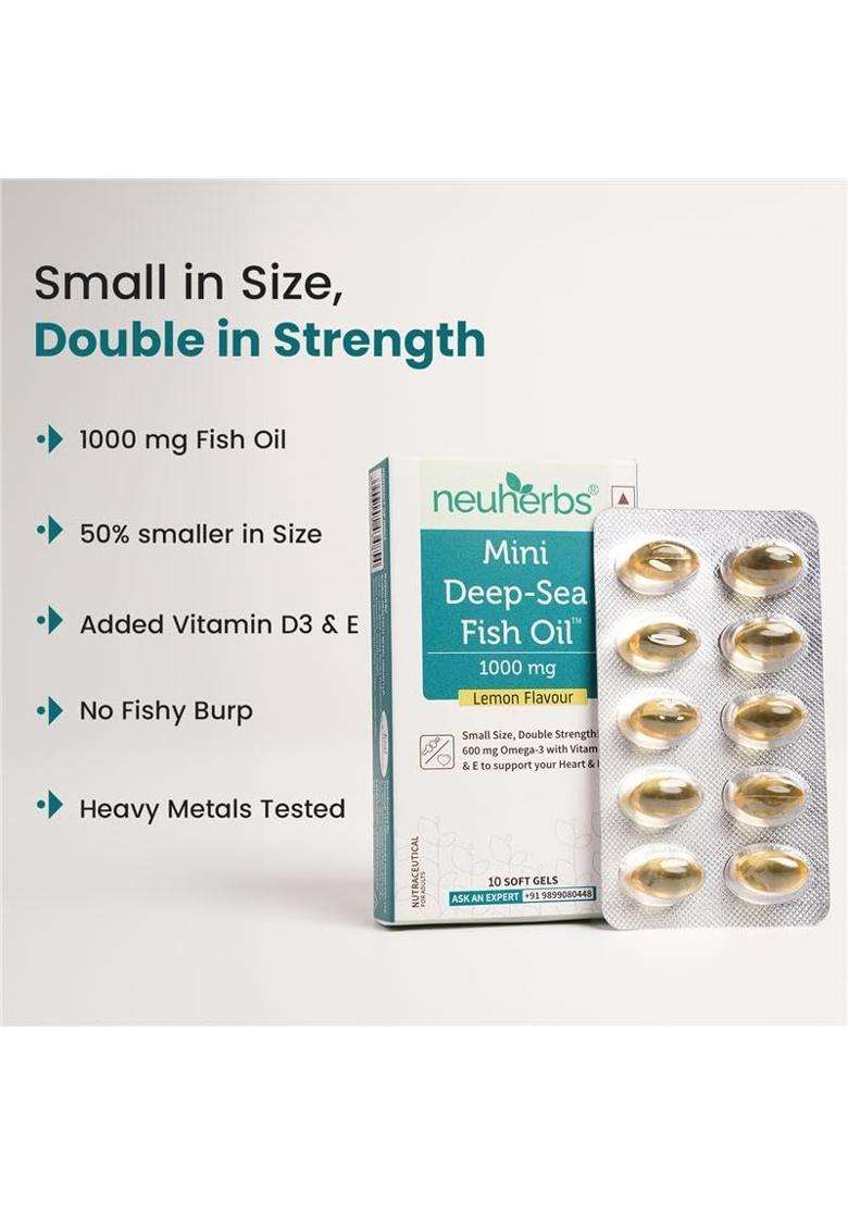Neuherbs Mini Deep Sea Omega 3 Fish Oil Capsule 1000Mg | 10 Softgels for Men & Women | 2X Omega 3 with 360Mg EPA & 240Mg DHA | Lemon Flavour - Indya
