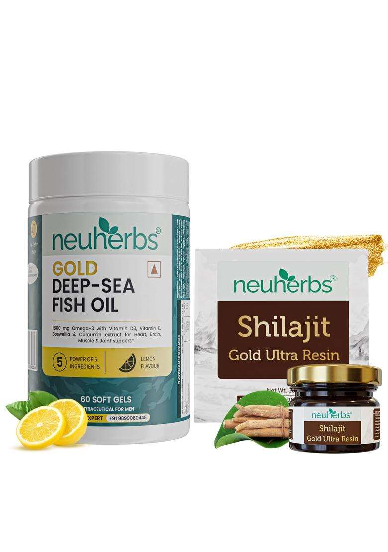 Neuherbs Gold Deep Sea Omega 3 Fish Oil 60 Softgels & Shilajit Gold Ultra Resin 20 g For Men & Women | 1080mg EPA & 720mg DHA - Indya