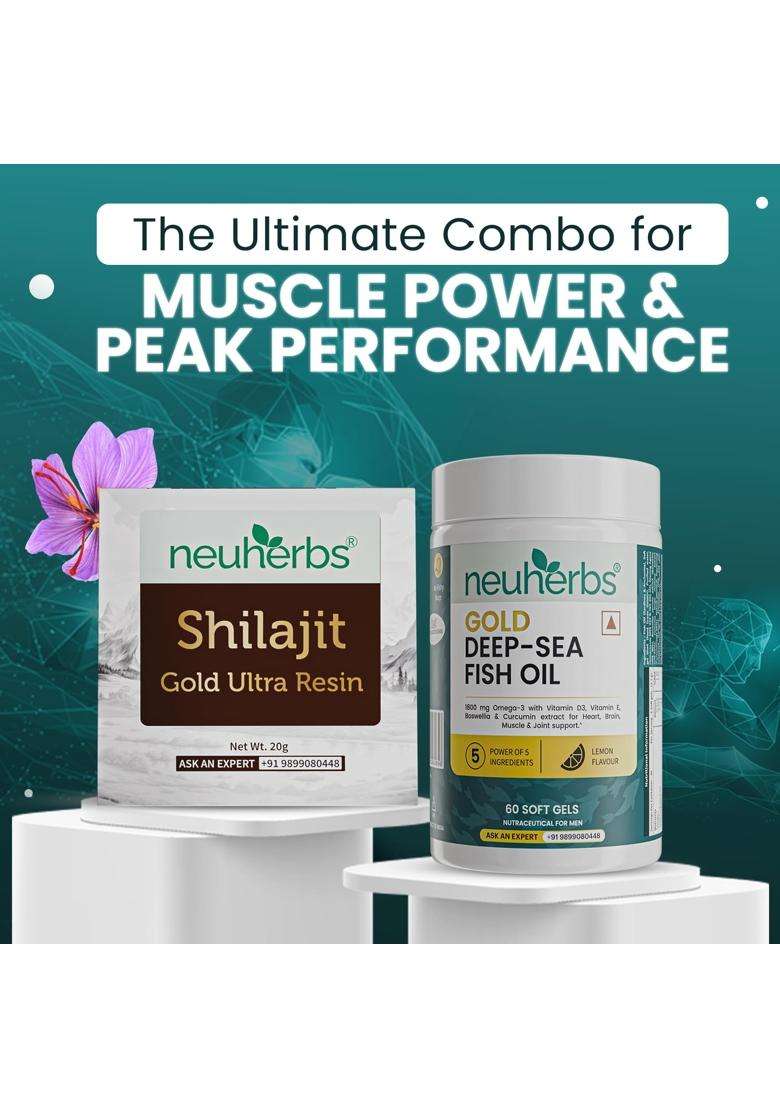 Neuherbs Gold Deep Sea Omega 3 Fish Oil 60 Softgels & Shilajit Gold Ultra Resin 20 g For Men & Women | 1080mg EPA & 720mg DHA - Indya