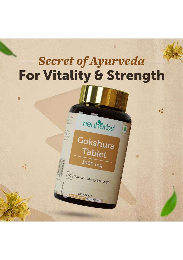 Neuherbs Gokshura 1000mg Tablets for Men | Authentic Traditional Formula | 60 Count | Ayurvedic Wellness Formula | No Added Preservatives - Indya