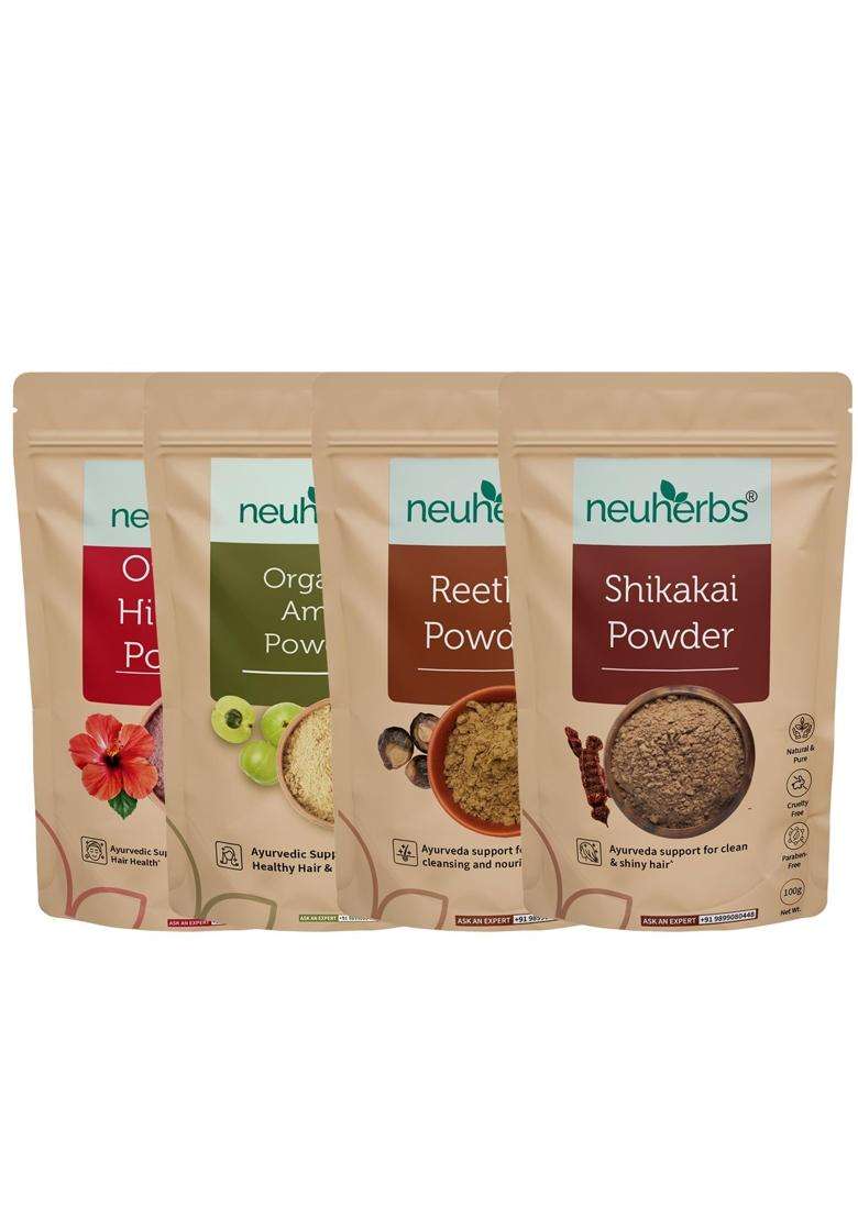 Neuherbs Amla, Reetha, Shikakai & Hibiscus Powder Combo Pack 100g Each (Pack of 4) | Authentic Traditional Formula | 100% Natural - Indya