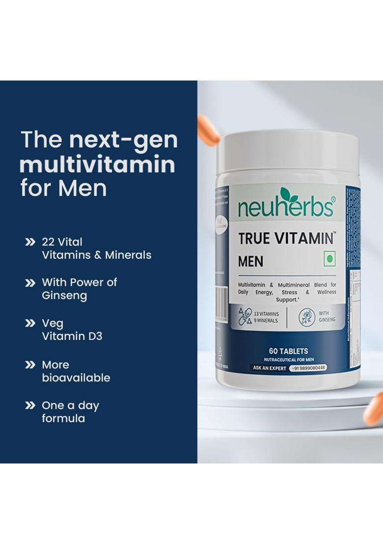Neuherbs Multivitamin Tablets for Men 60 Count | True Vitamin Men Multivitamin with Ginseng Vitamin C B12 D MagnesiumIron & Zinc - Indya