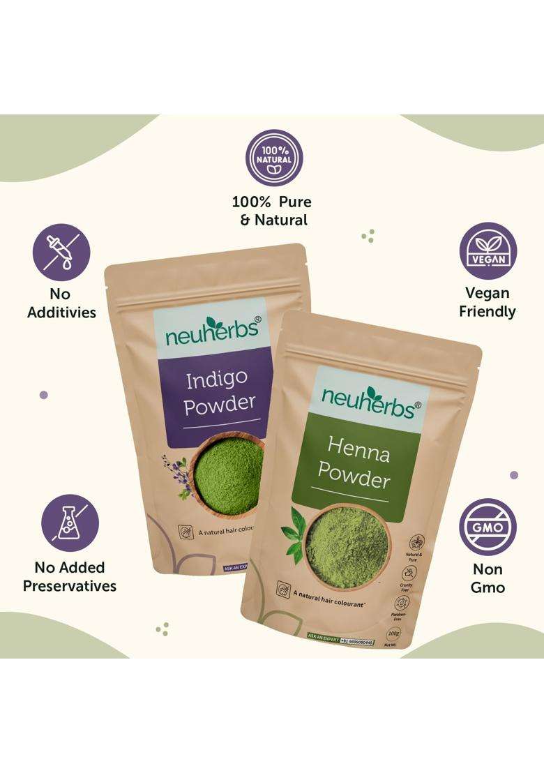 Neuherbs Henna & Indigo Powder Combo for Hair Color & Hair Care 100g Each | Natural Herbal Care | 100% Pure & Natural - Indya