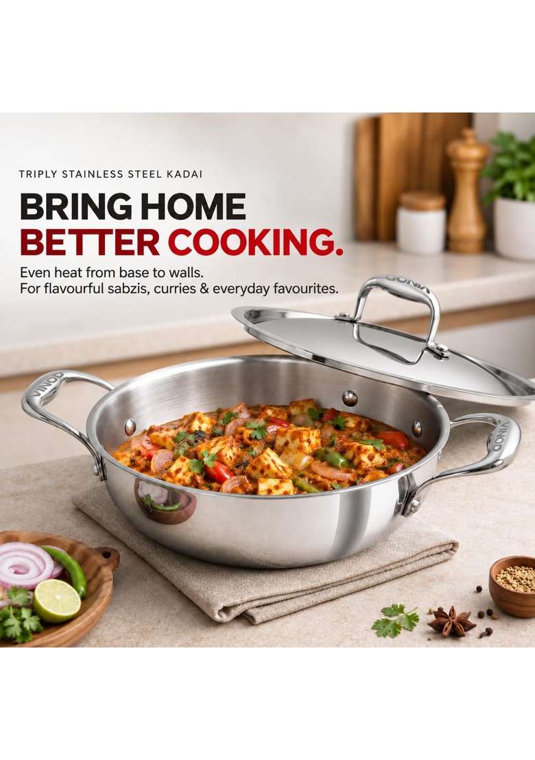 Vinod Triply Stainless Steel Kadai Wok for Cooking with Lid | 2.5 L | 2.6 Qt | 24 cm | 9.4 Inch - Indya