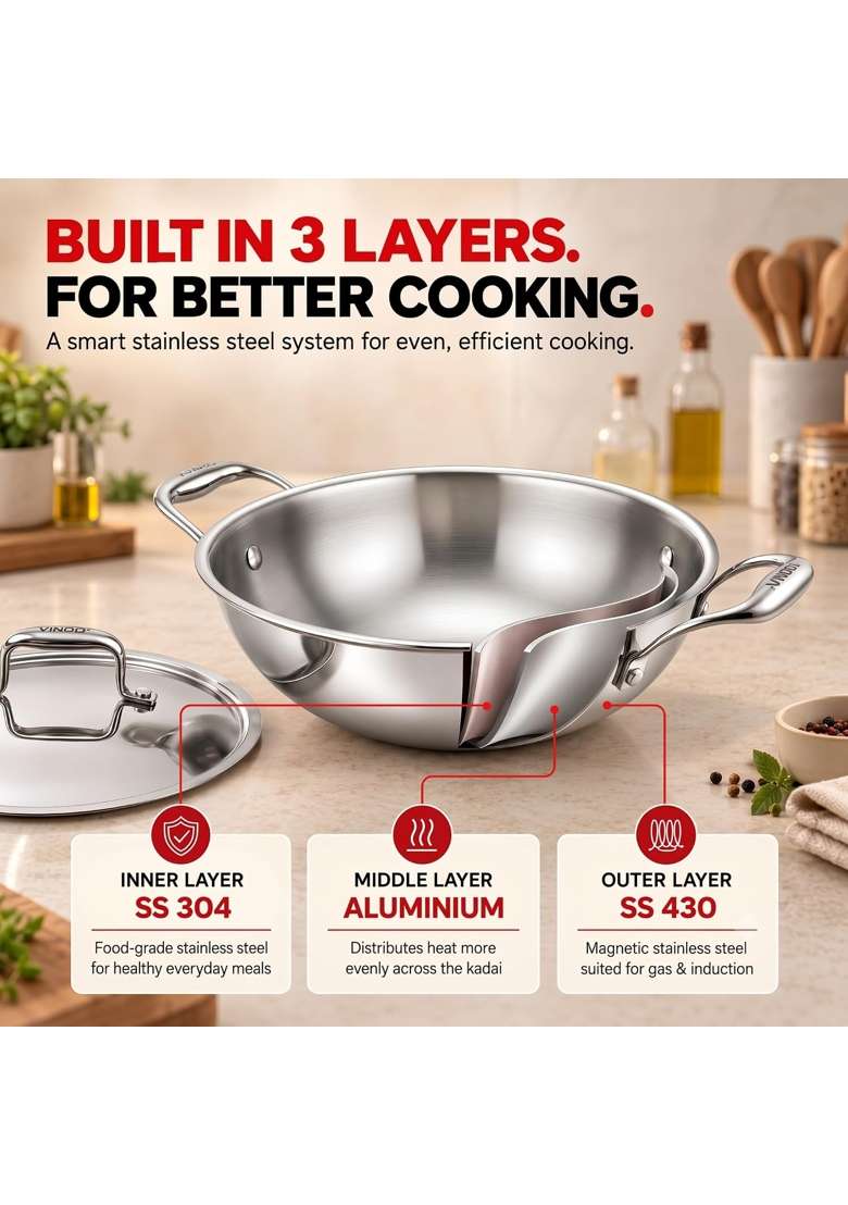 Vinod Triply Stainless Steel Kadai Wok for Cooking with Lid | 2.5 L | 2.6 Qt | 24 cm | 9.4 Inch - Indya