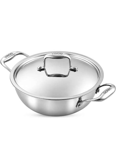 Vinod Triply Stainless Steel Kadai Wok for Cooking with Lid | 2.5 L | 2.6 Qt | 24 cm | 9.4 Inch