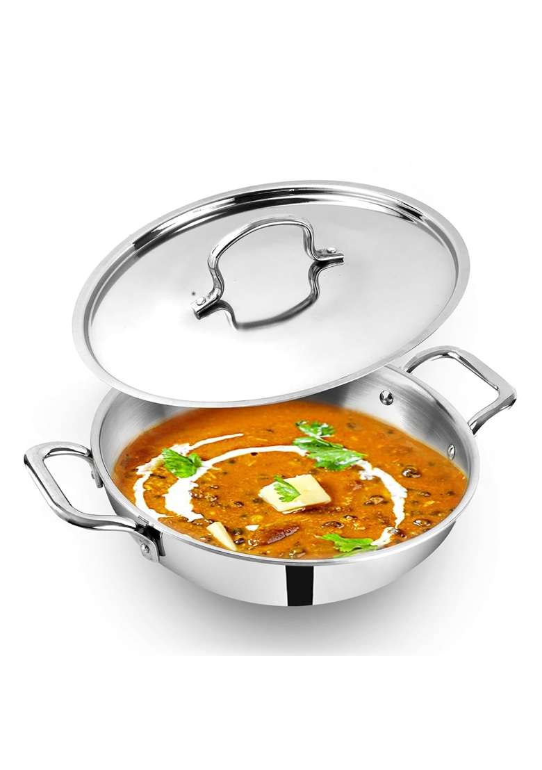 The Indus Valley Triply Stainless Steel Kadai Wok Kadhai with Steel Lid | 3 L | 3.2 Qt | 24 cm | 9.4 Inch | Induction Compatible | Non-Toxic - Indya