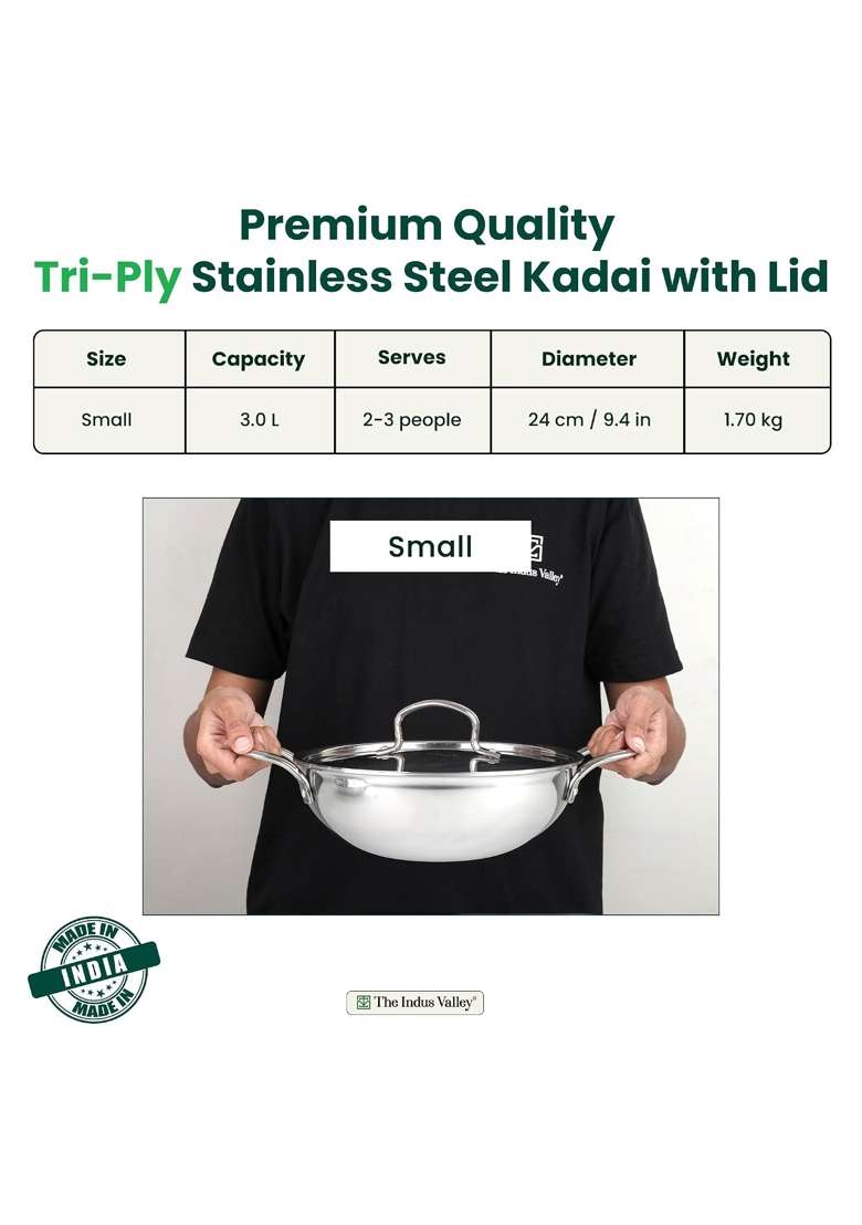 The Indus Valley Triply Stainless Steel Kadai Wok Kadhai with Steel Lid | 3 L | 3.2 Qt | 24 cm | 9.4 Inch | Induction Compatible | Non-Toxic - Indya
