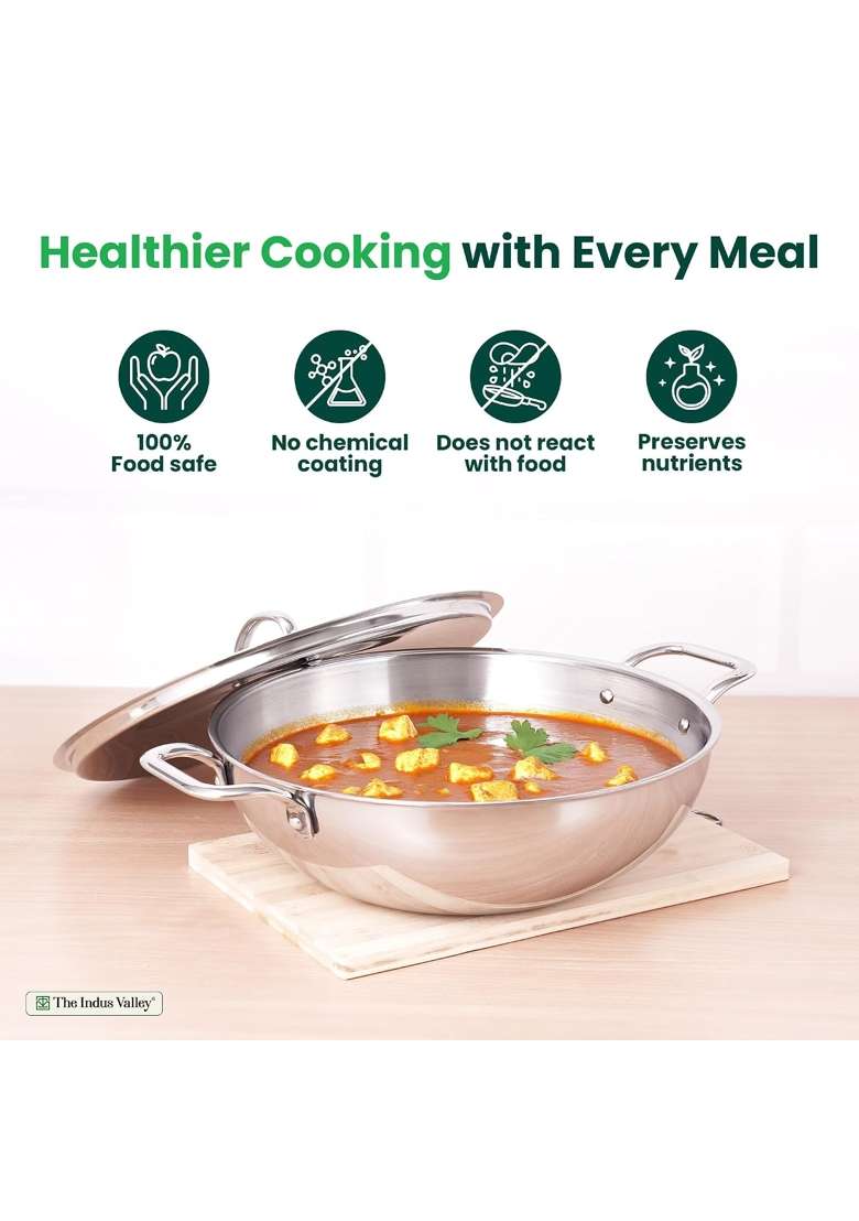The Indus Valley Triply Stainless Steel Kadai Wok Kadhai with Steel Lid | 3 L | 3.2 Qt | 24 cm | 9.4 Inch | Induction Compatible | Non-Toxic - Indya