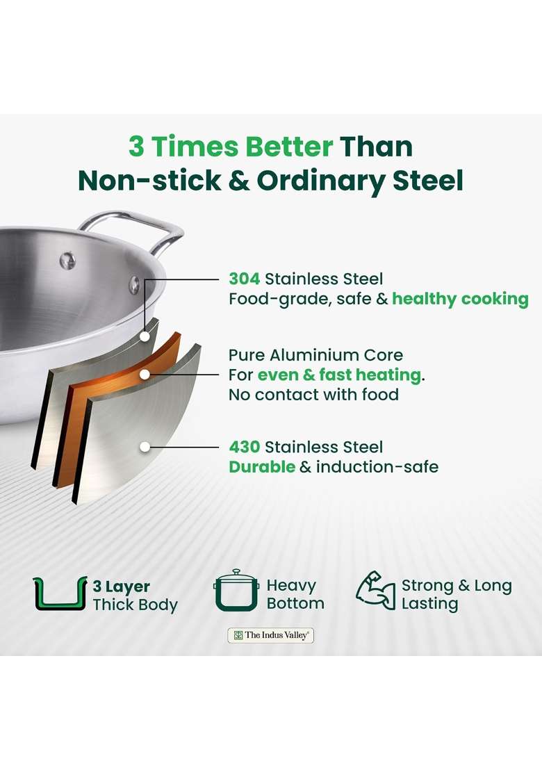 The Indus Valley Triply Stainless Steel Kadai Wok Kadhai with Steel Lid | 3 L | 3.2 Qt | 24 cm | 9.4 Inch | Induction Compatible | Non-Toxic - Indya