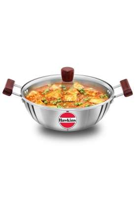 Hawkins Deep Kadhai Wok Triply Stainless Steel Kadai with Glass Lid | 4 L | 4.2 Qt | Induction Compatible