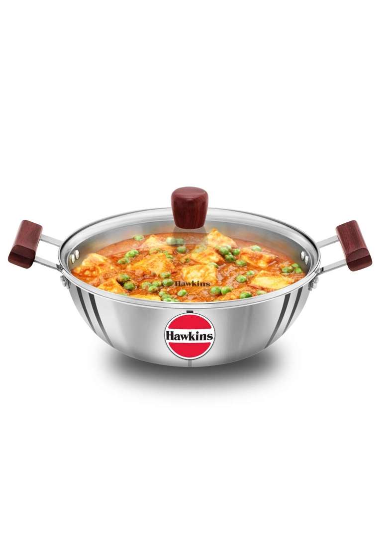 Hawkins Deep Kadhai Wok Triply Stainless Steel Kadai with Glass Lid | 4 L | 4.2 Qt | Induction Compatible - Indya