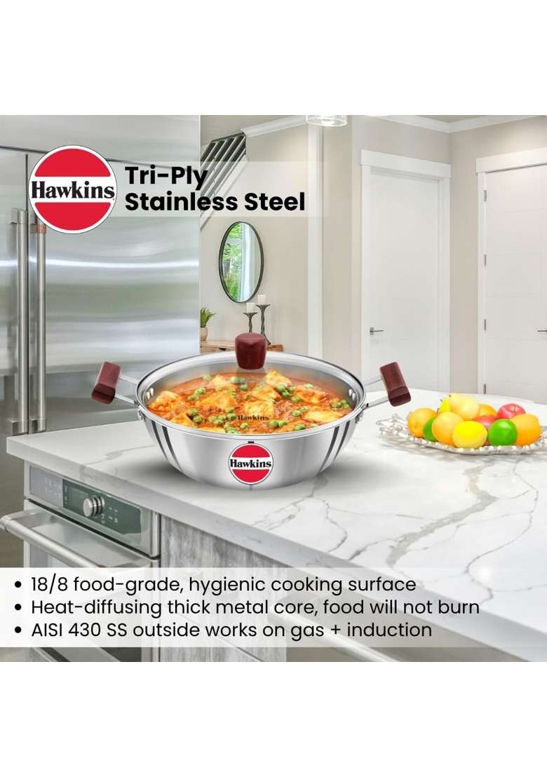 Hawkins Deep Kadhai Wok Triply Stainless Steel Kadai with Glass Lid | 4 L | 4.2 Qt | Induction Compatible - Indya
