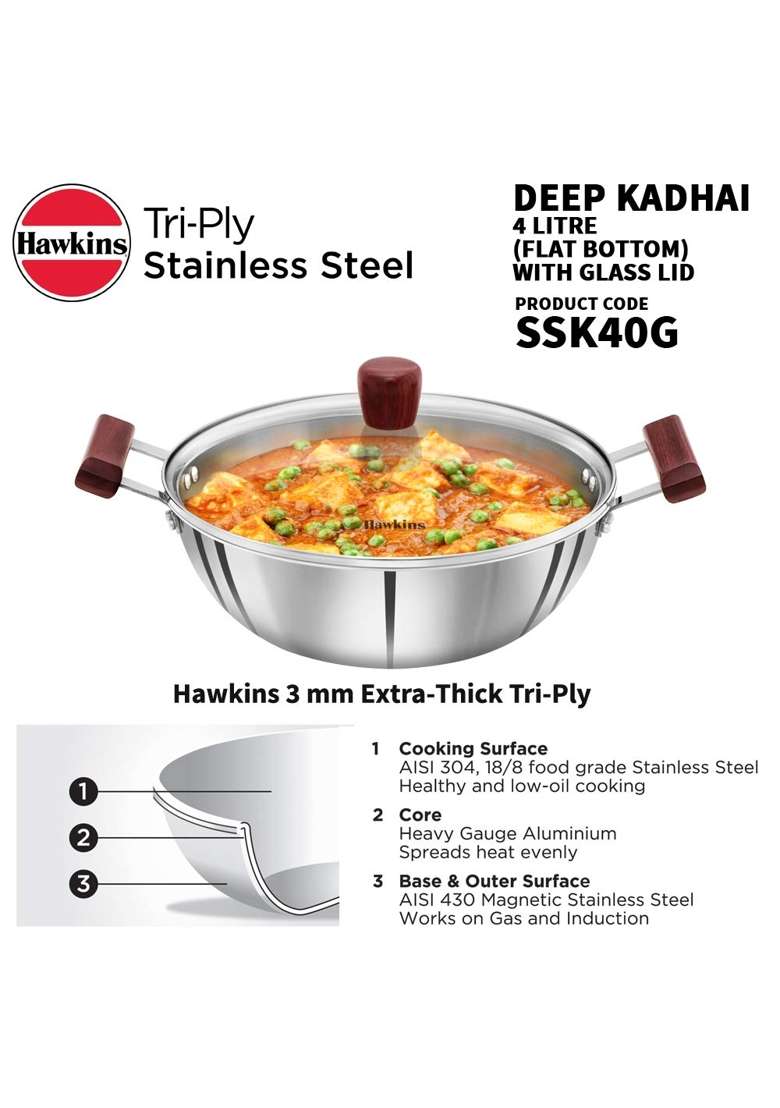 Hawkins Deep Kadhai Wok Triply Stainless Steel Kadai with Glass Lid | 4 L | 4.2 Qt | Induction Compatible - Indya
