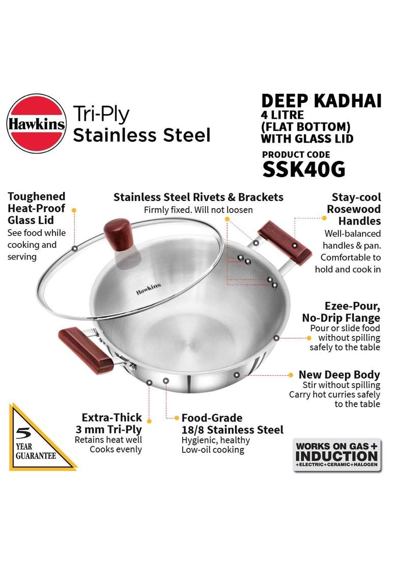 Hawkins Deep Kadhai Wok Triply Stainless Steel Kadai with Glass Lid | 4 L | 4.2 Qt | Induction Compatible - Indya