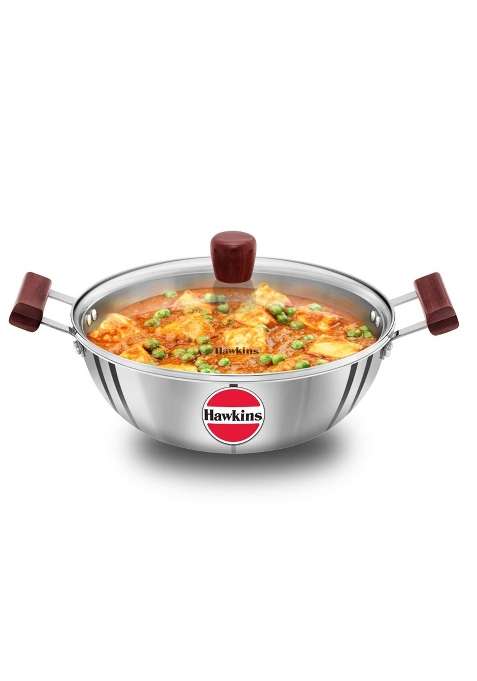 Hawkins Deep Kadhai Wok Triply Stainless Steel Kadai with Glass Lid | 4 L | 4.2 Qt | Induction Compatible