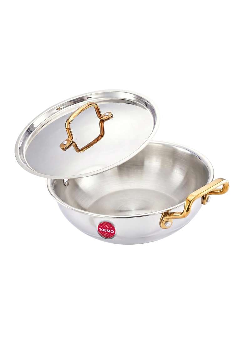 Solimo Amazon Brand Solimo Premium Triply Stainless Steel Kadhai Wok | 3.2 L | 3.4 Qt | 26 cm | 10.2 Inch | Induction Compatible - Indya