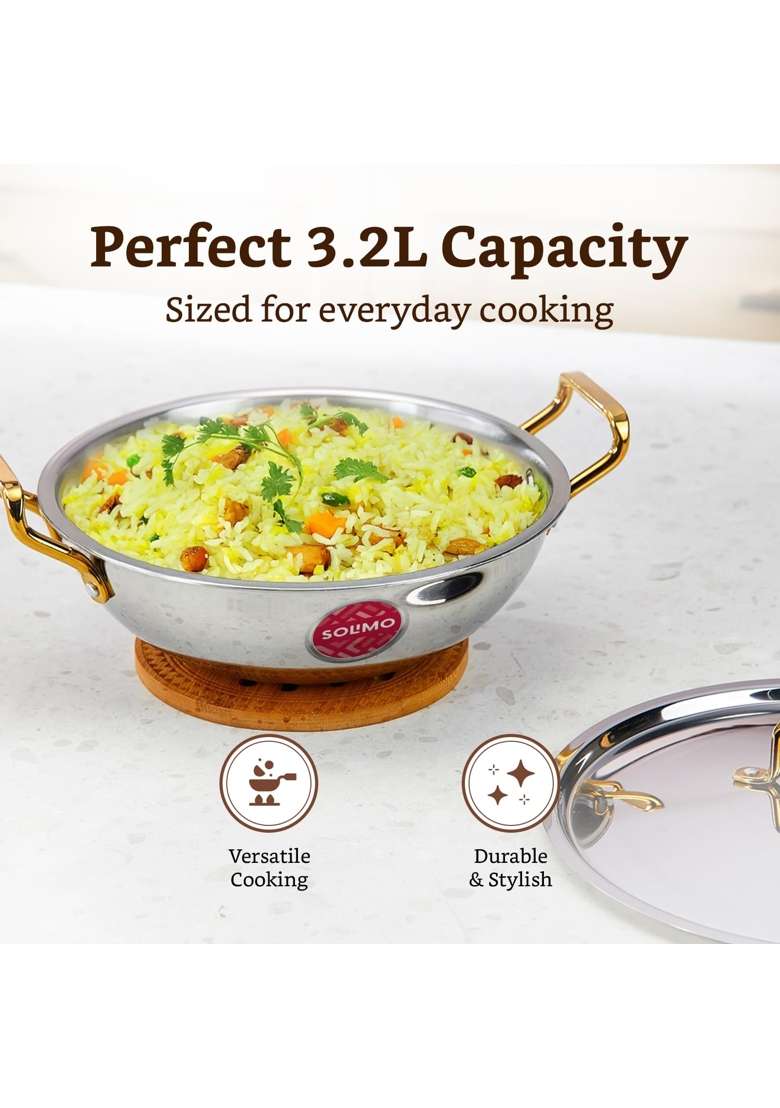 Solimo Amazon Brand Solimo Premium Triply Stainless Steel Kadhai Wok | 3.2 L | 3.4 Qt | 26 cm | 10.2 Inch | Induction Compatible - Indya
