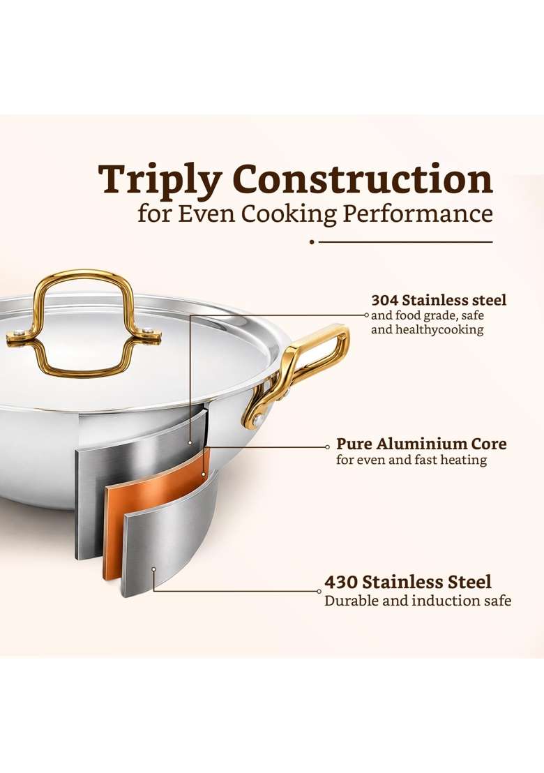 Solimo Amazon Brand Solimo Premium Triply Stainless Steel Kadhai Wok | 3.2 L | 3.4 Qt | 26 cm | 10.2 Inch | Induction Compatible - Indya